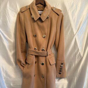 Calvin Klein Women's Camel Full-Length Winter Trench Coat Gold Buttons, Size 14